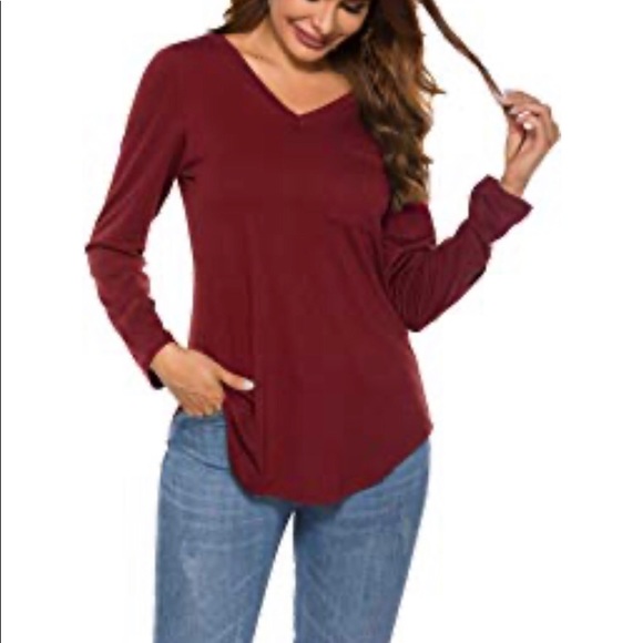 Solid red v neck casual long sleeve top - Picture 2 of 7